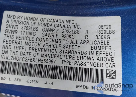 2020 Honda Civic Lx z USA, uszkodzony, nr VIN 2HGFC2F6XLH555967